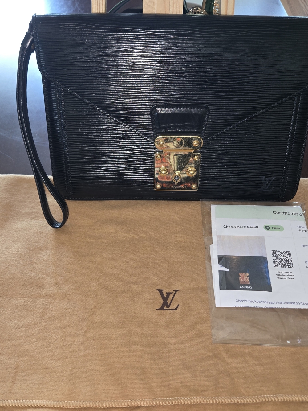 Louis Vuitton Black Epi Leather Wristlet Clutch with Gold-Tone Lock